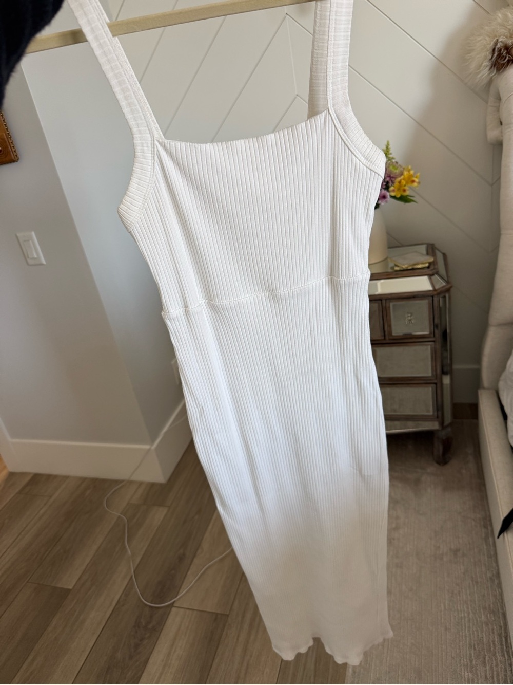 White Ribbed Square-Neck Midi Dress